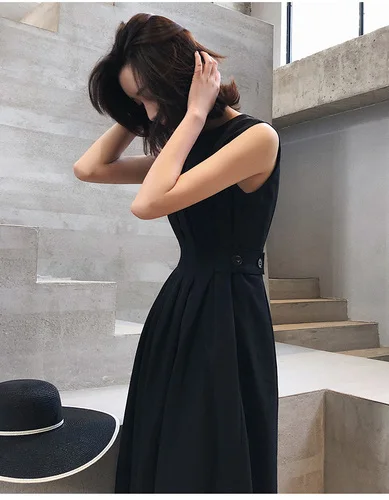 black Винтажное женское модное платье, однотонное, черное, белое, без рукавов, со складками, элегантное, для вечеринки, платье, повседневное, Ofiice, для девушек, миди, платья - Цвет: black