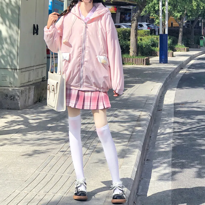 

Autumn New Cute Japanese Women Jacket Sweet Beauty Student Cotton Jackets Short Hooded Cotton Coats Mujer