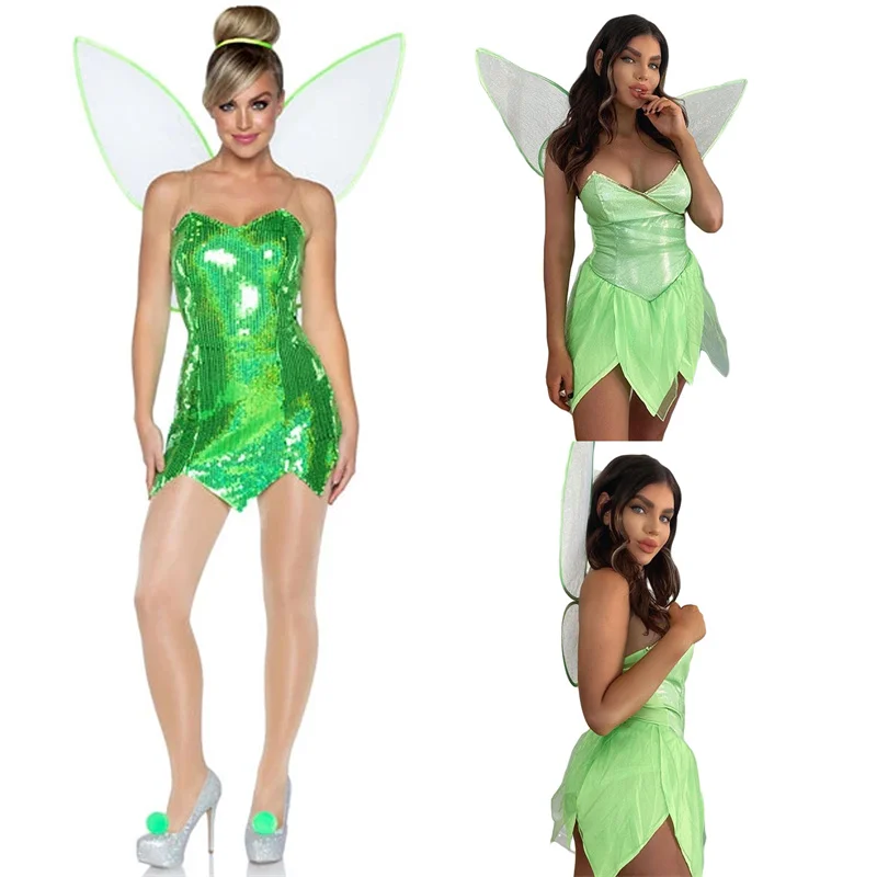 

Female Halloween Cospay Costome Trendy Green Sequin Mini Dress Fairy Wings Dress Kawaii Girls Dress PU Angel Dress for Women