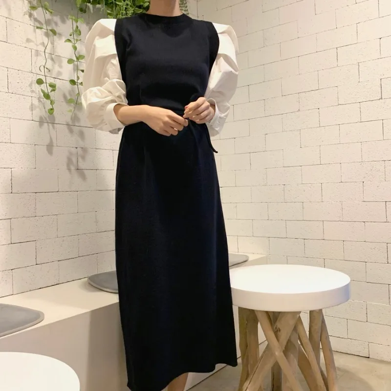 

Women's Sweater dress simple versatile round neck contrast bandage waist stitching fake two piece knitted Lantern Sleeve Dress