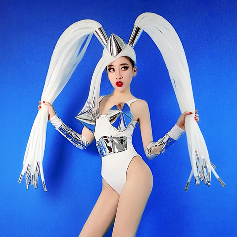 Сценические костюмы для певцов праздничный наряд сексуальное белое боди парик