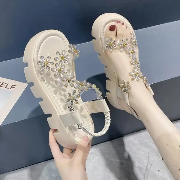 

Sandals female summer 2021 new thick-soled fashion casual rhinestone fairy style with long skirt beach shoes female sandals