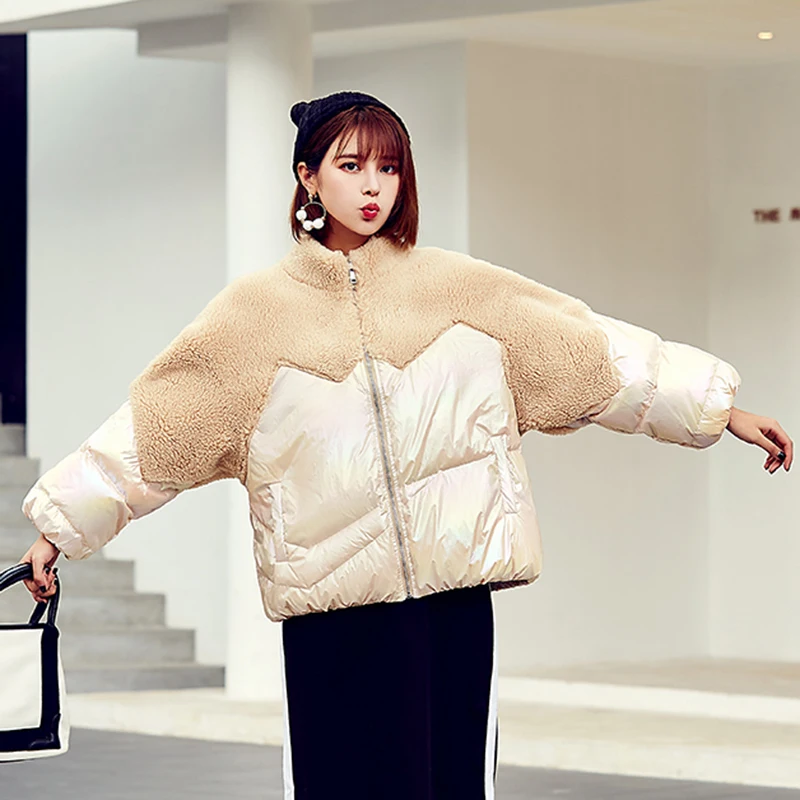 Женское зимнее пальто 2019 натуральный 70% мех ягненка короткий 90% белый пуховик