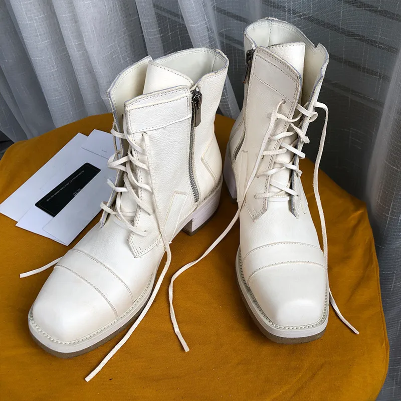 Белые кожаные ковбойские ботинки ботильоны на шнуровке с квадратным носком