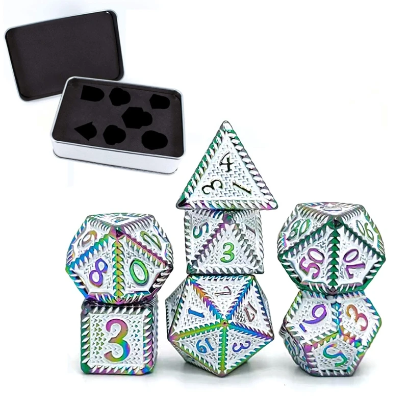

E5BD 7 Pcs/Set Metal Dice Multi-faceted Various Shapes Sculpture Digital Dice with Box for Club/Party/Family Game Accessories