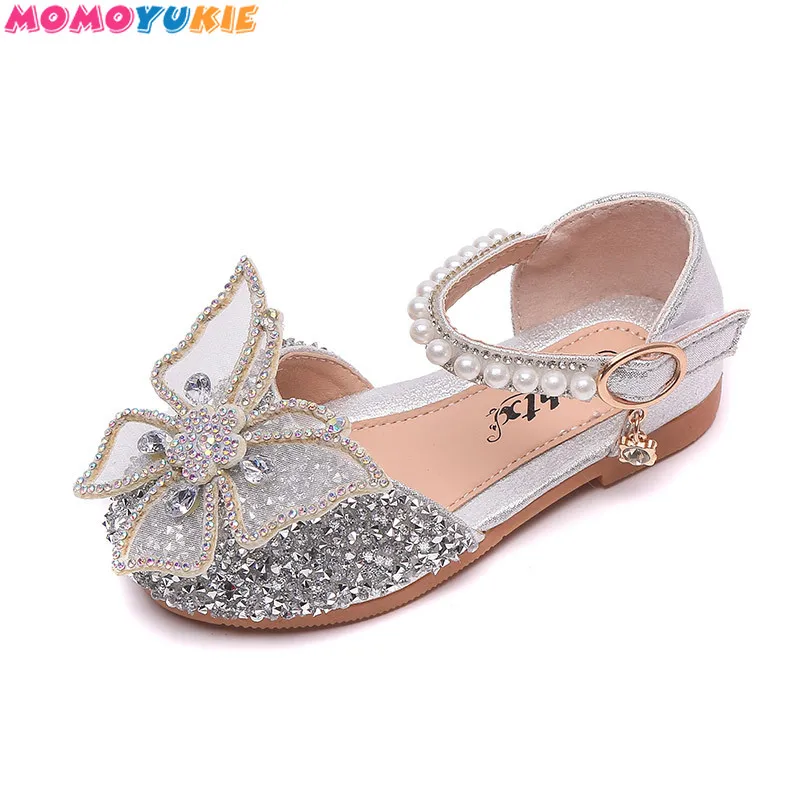Zapatos con lazo de encaje de lentejuelas para ni&ntilde;as, zapatillas de baile de princesa con perlas bonitas, informales, para fiesta, boda, D721, novedad de 2021-5