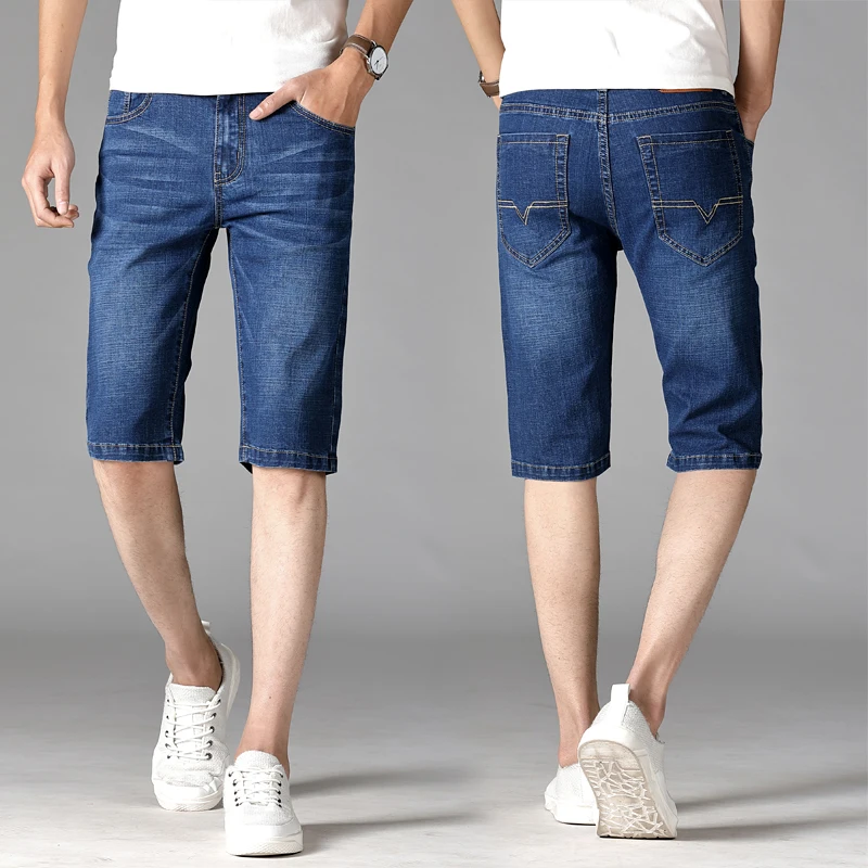 

2021 Summer Mens Casual Denim Shorts Mens Straight Cotton Brand Short Jeans Solid Men Knee Length Shorts Blue Large size 44