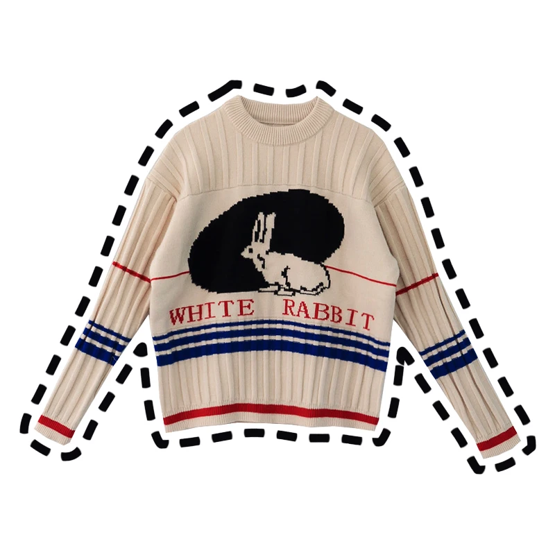 

White Rabbit Cute Women's Knitted Sweater Beige Patchwork Pullovers Long Sleeve Fall,Winter Sweaters Cute Girls