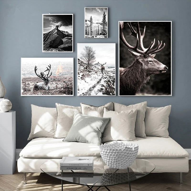 

Modern Snow Deer Black and White Jungle Wall Art Canvas Home Decor Posters and Prints Living Room Print Decorative Painting