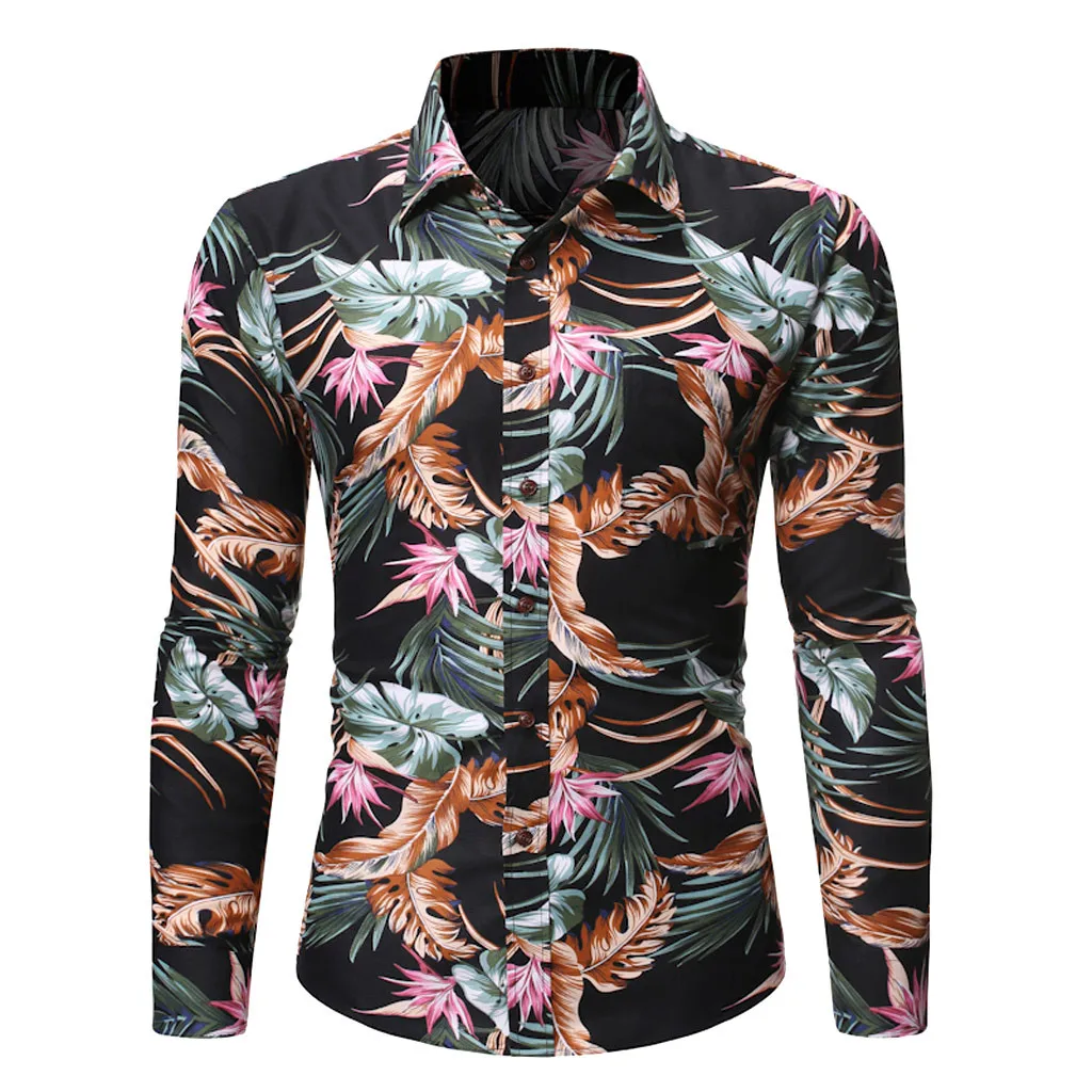 

Mens Floral Print Hawaii Shirts Beach Summer Vintage Streetwear Long Sleeve Blouse Hiphop Unisex Brown Turn-down Collar Tops
