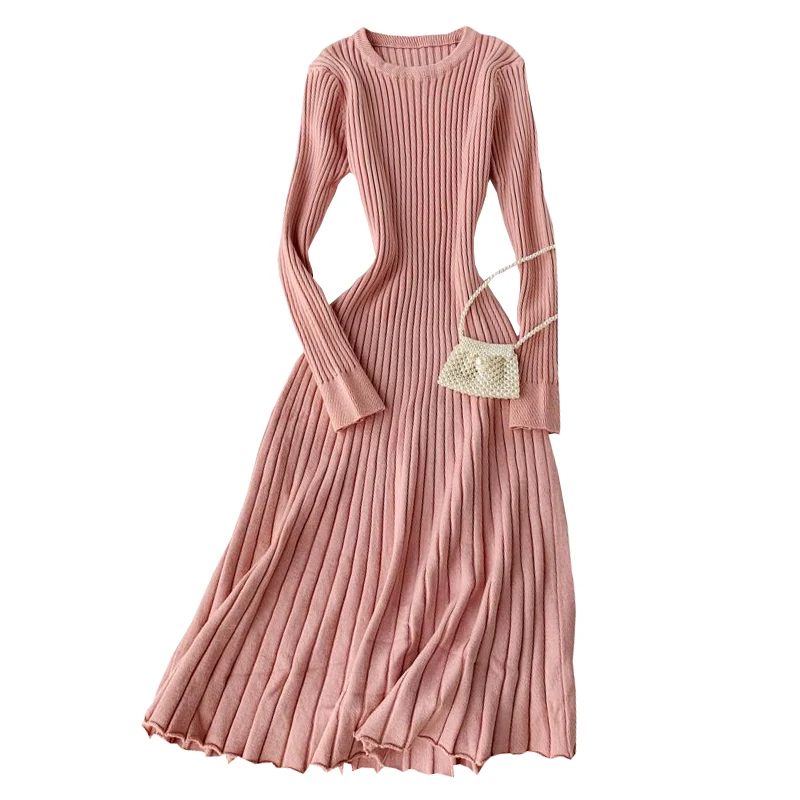 

Elastic Knit Dress Elegant Winter Warm Solid Long Sweater Dress Women Pleated Knitted Dress Spring O Neck Long Sleeves