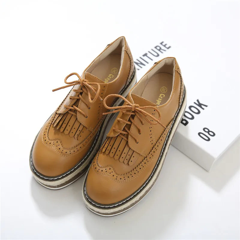 

Hjwsfdcai British Wind Platform Lace-Up Women Casual Single Shoes Round Toe Leather Outdoor Ladies Shoes Breathable Female Shoes