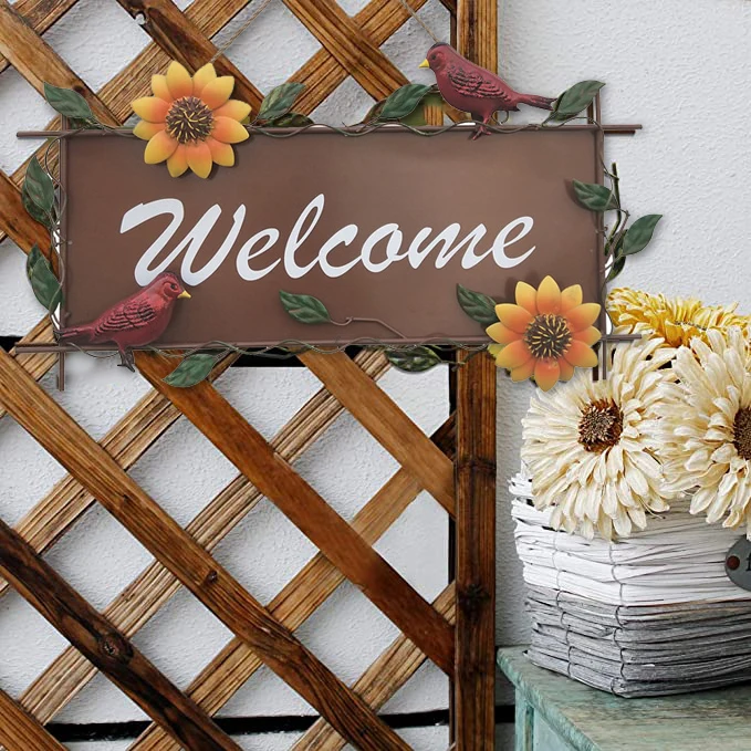 

Metal Welcome Sign with Sunflower & Bird Decor Vintage Wall Hanging Gates Plaque Garden Ornament BENL889