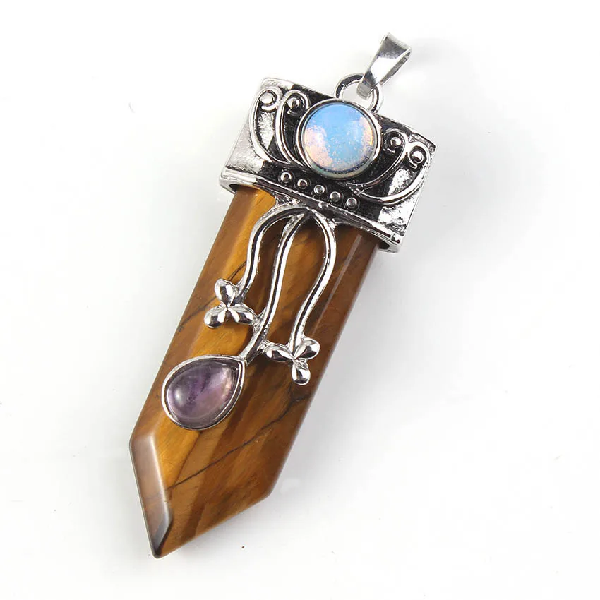 FYJS Unique Silver Plated Flower Sword Shape Amethysts Pendant Vintage Style Tiger Eye Stone Jewelry | Украшения и аксессуары