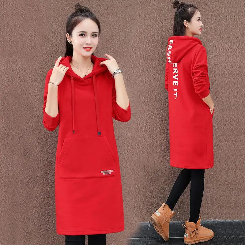 

[ Clearance Sale ] Women Thicken Hoodie Sweatshirt Dress Printing Loose Warm Winter Lady Pullover Midi Dress
