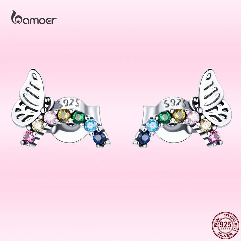 

Bamoer 2021 Authentic 925 Sterling Silver Rainbow Butterfly Stud Earrings for Women Summer Luxury CZ Party Jewelry Gift GXE1181