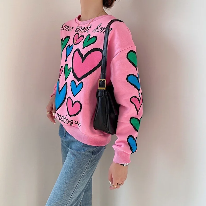

Autumn Winter Warm Fleece Hoodie Women Korean Fashion Kawaii Sweet Heart Print Pink Sweatshirt Pullovers Hoodies For Teen Girls