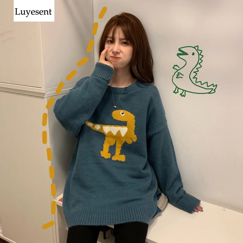 Милый женский пуловер с динозавром свитер 2020 свободный круглым вырезом и милым
