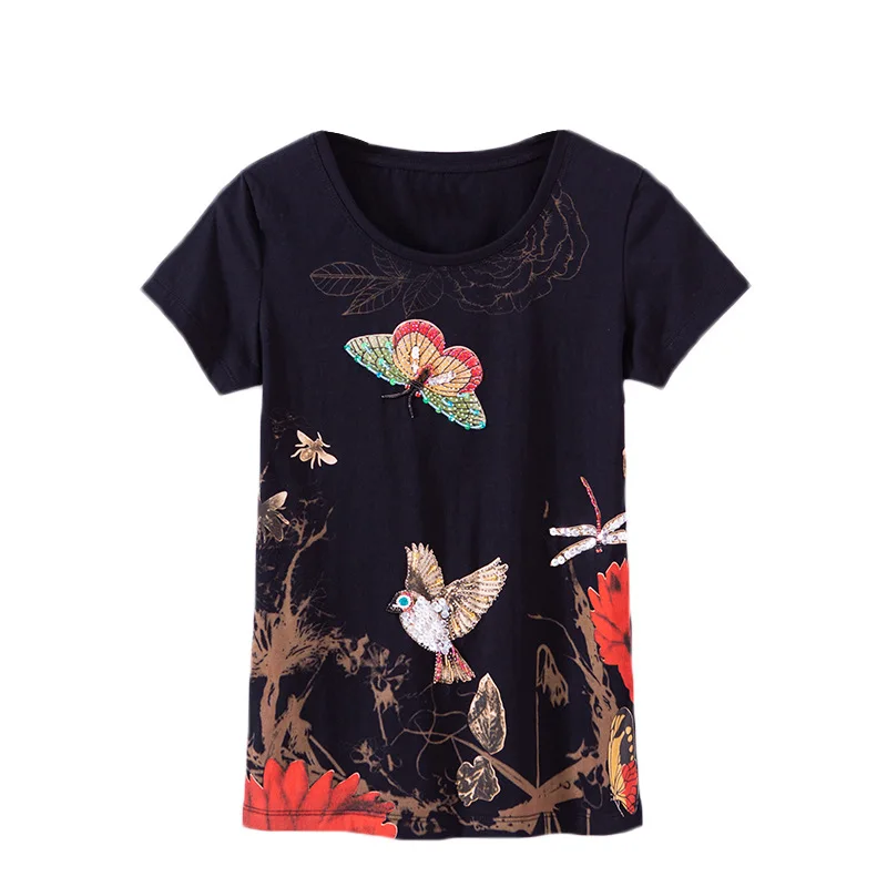 

Spring summer female short sleeve t shirts handmade beaded butterfly print ladies casual cotton tops