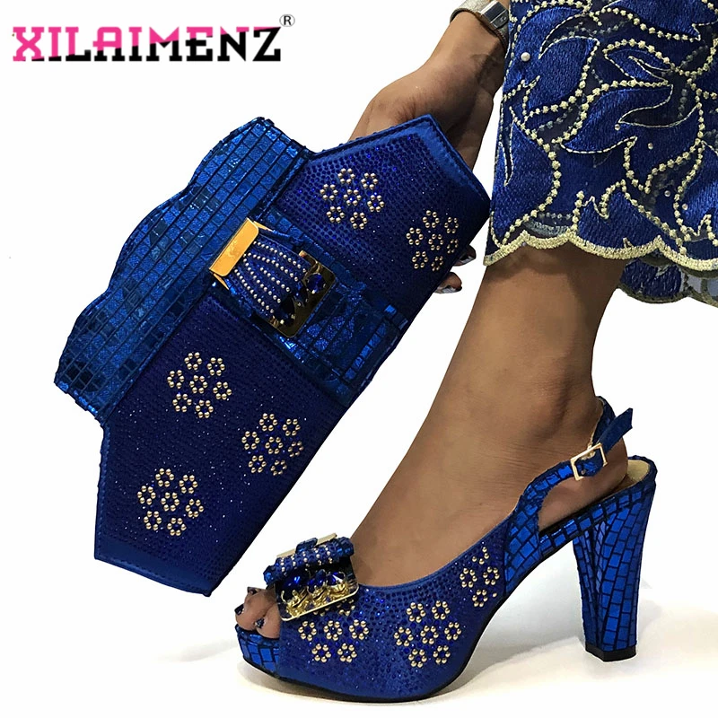 

2020 Royal Blue Color African Design Shoes and Bags To Match Set Italian Women Wedding Shoes and Bags Sets with Crystal
