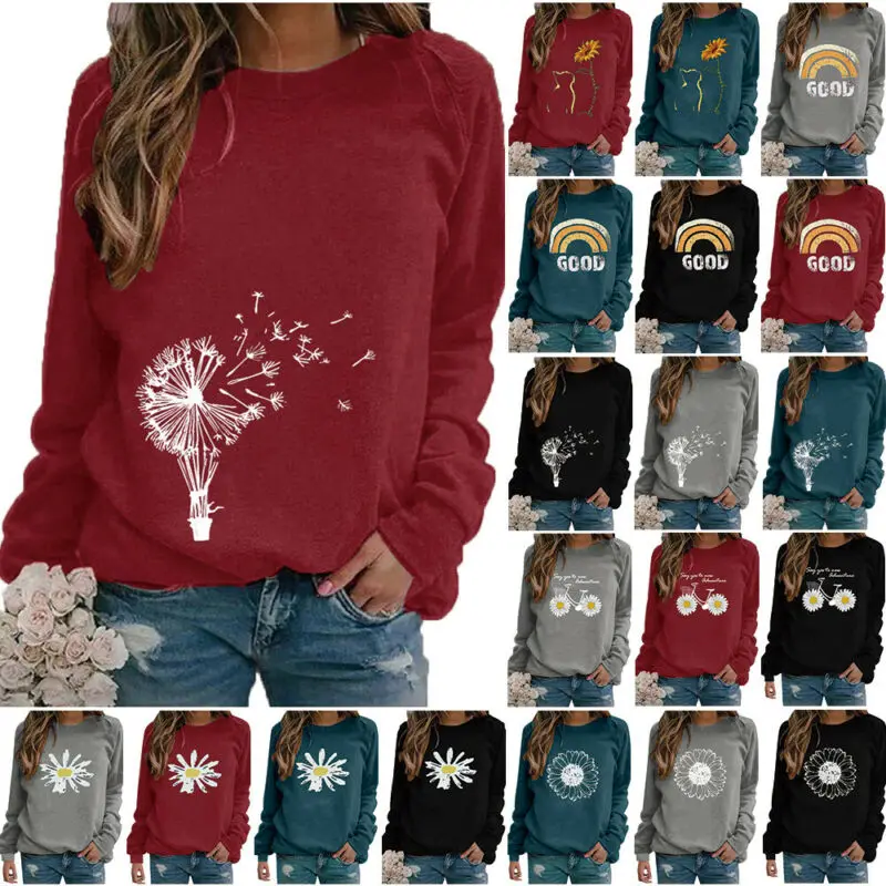 

Women Ladies Long Sleeve Shirt Casual Printed Round Neck Blouse Top Plus Size