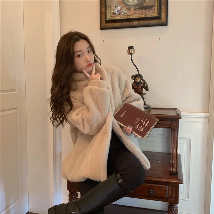 Меховое плюшевое пальто с воротником-стойкой Осень-зима теплый свободный