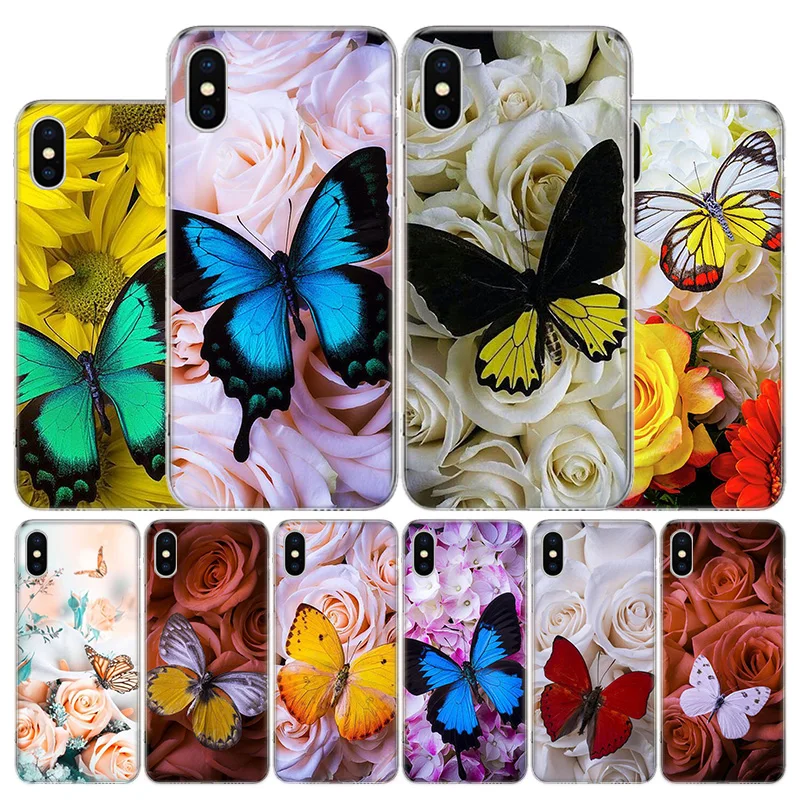 

Butterfly on white roses flower Cover Phone Case For Apple iPhone 11 12 13 Pro XR X XS Max 7 8 6 6S Plus + Mini 5S SE Print