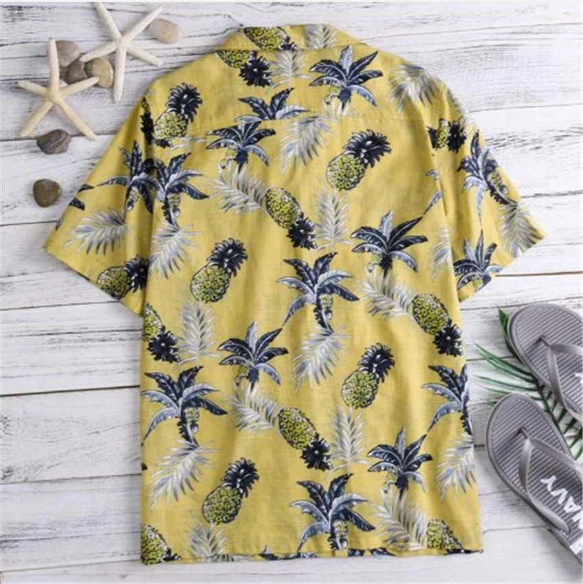 Summer Man Shirt Short Sleeve Men Pineapple Print Shirts 2020 New Top Stand Collar Cotton Loose Hawaiian | Мужская одежда