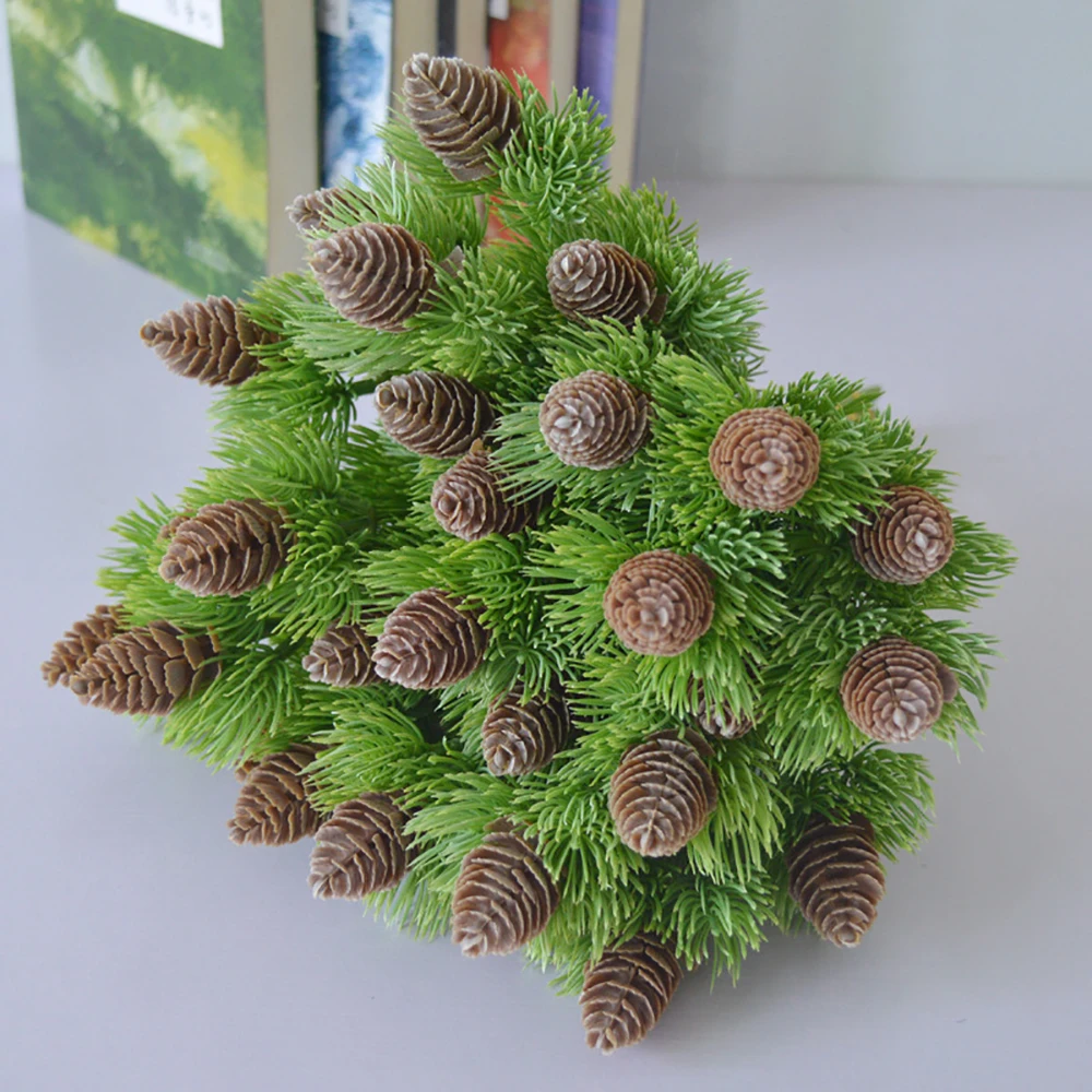 

7 Fork Spray Color High-End Realistic Plastic Fake Pot Water Cypress Artificial Flower Plant Wall with Wood Small Bundle