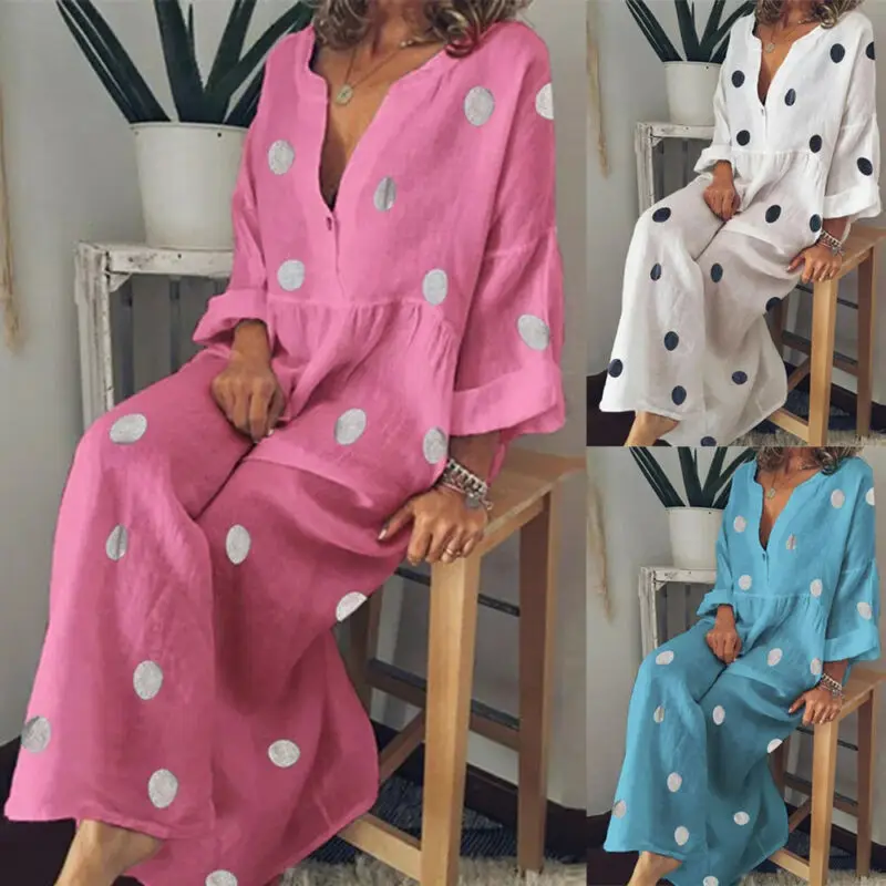 Plus Size Women Boho V-neck Long Shirt Dress Summer Holiday Polka Dot Maxi | Женская одежда