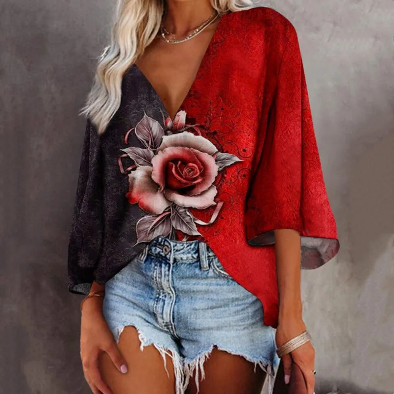 

Women Summer T Shirt Sexy V-Neck Rose Print Flare Sleeve T-Shirts Casual Loose Cotton Tees Ladies Plus Size Tops Tee Shirt Femme