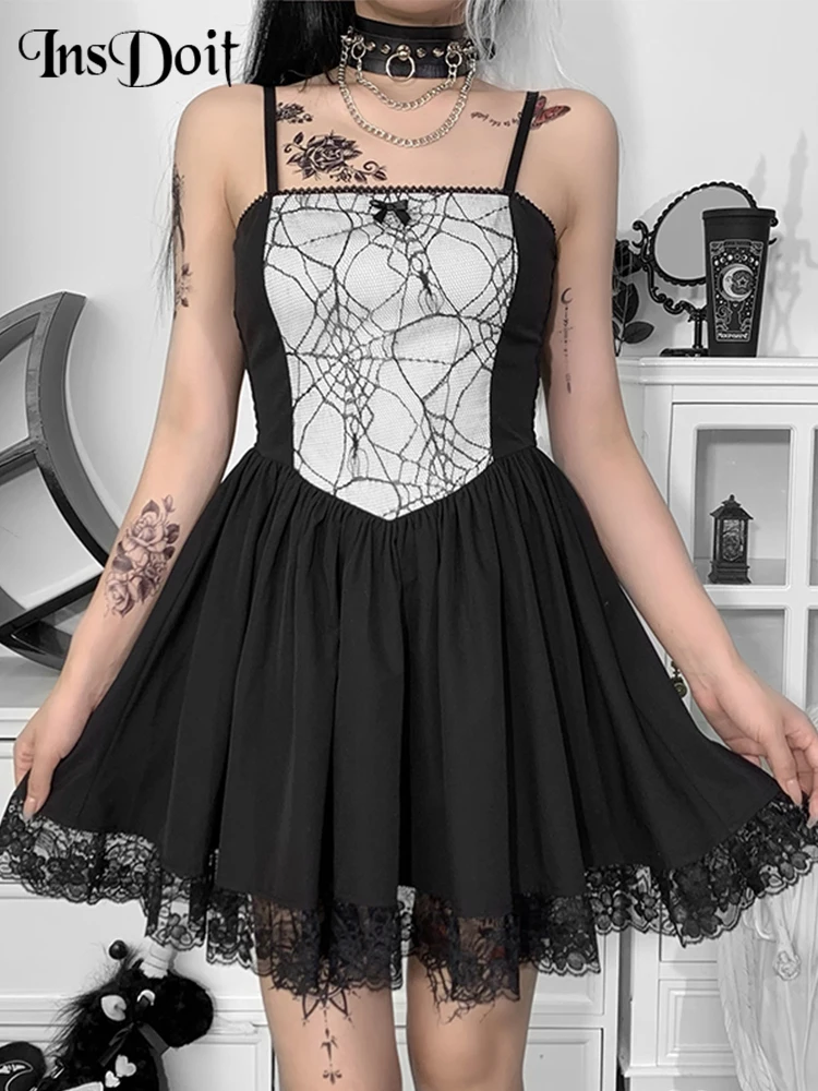 

InsDoit Women Gothic Lolita Spider Web Patchwork Dresses Harajuku Black Y2K High Waist Mini Dress Lace Club Party A-LINE Dresses