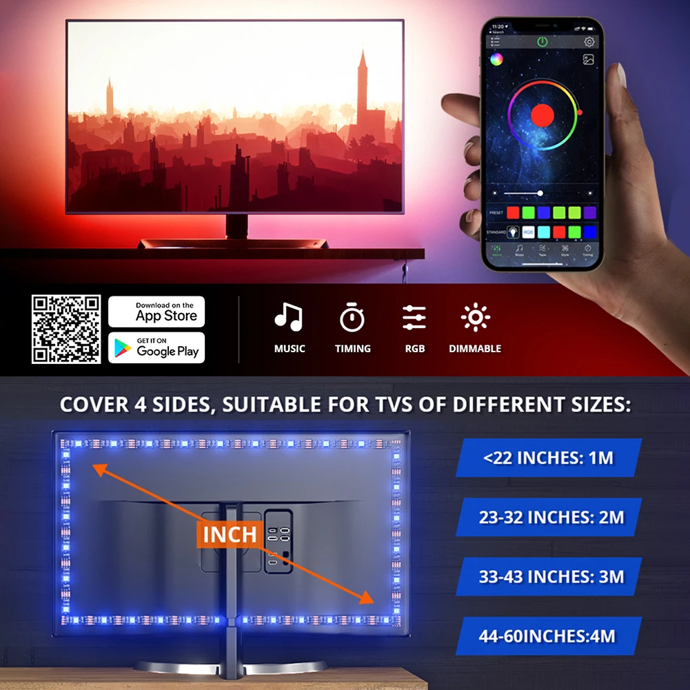 

1/2/3/4m LED Light Strip App Control Flexible RGB Tape Lamp TV Background Decor Intelligent Control Home Adornment