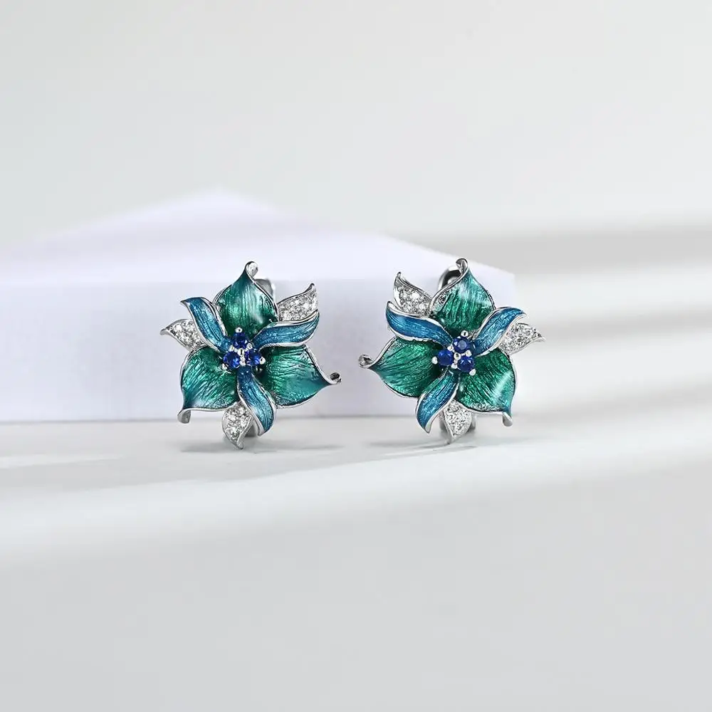 

New Fashion Women Elegant Green Enamel Silver Drop Dangle Earrings Bohemia Style Flower Wedding Engagement Ear Earrings Jewelry