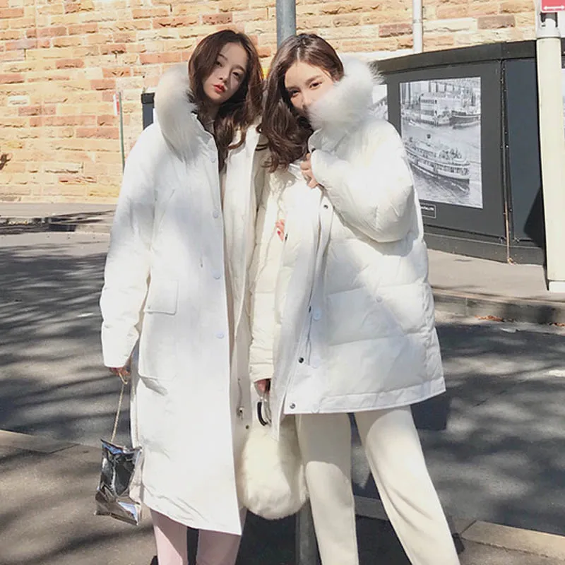 Женский двухсторонний длинный пуховик зимнее пальто на белом утином пуху