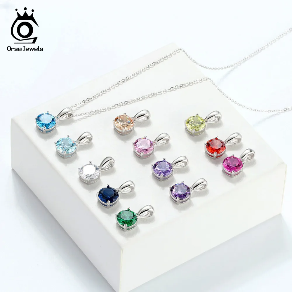 

ORSA JEWELS 925 Sterling Silver Women Necklaces 12 Color Month Lucky Birthstone AAA CZ Zircon Pendant Necklace for Girls SN118