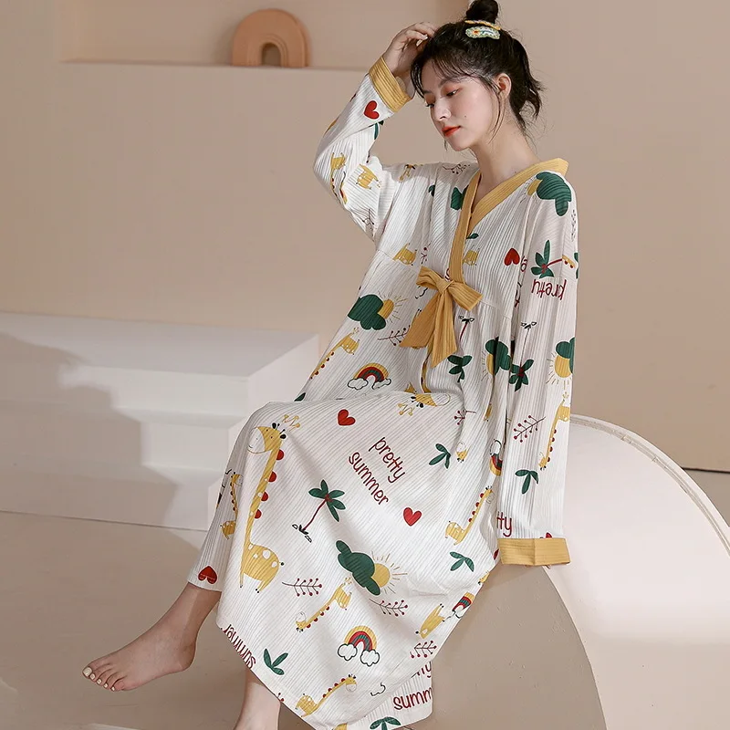 2022 Pajamas Women Spring and Autumn New Japanese Kimono Lovely Cotton Long Sleeve Ladies Loose Home Dress Set