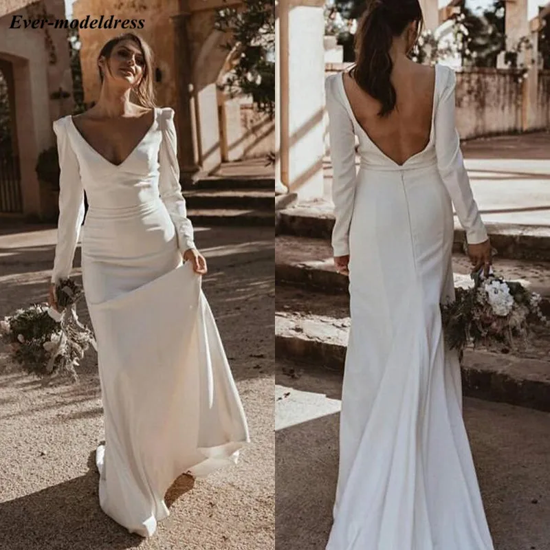 Винтажное свадебное платье Русалка с длинным рукавом глубоким v образным вырезом