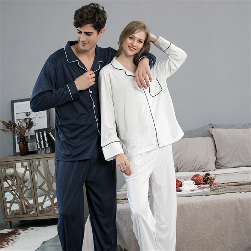 

Women and Men Spring Autumn Couple Pajamas Cotton Bedroom Sleepwear Pijamas Mujer Home Clothes Pyjamas Femme M-3XL