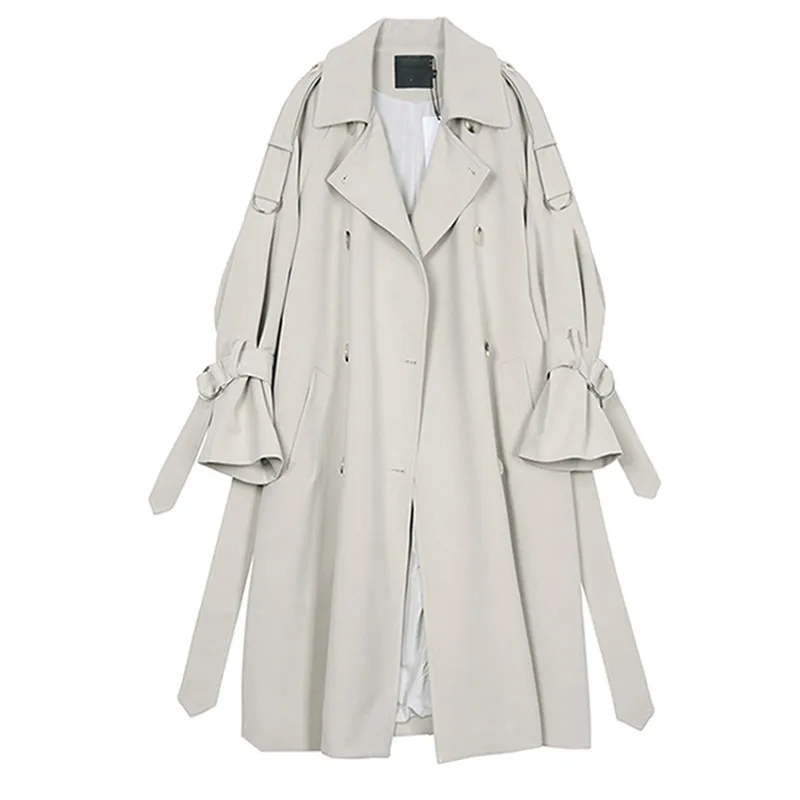 Женский тренчкот с отложным воротником длинный серый большого размера длинным