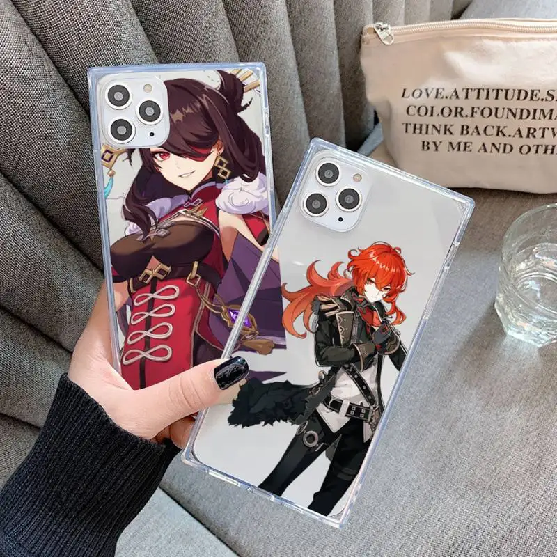 

genshin impact ANIME Phone Case For iPhone 7 8 11 12 X XS XR MINI Pro Max Plus Clear Square Transparent