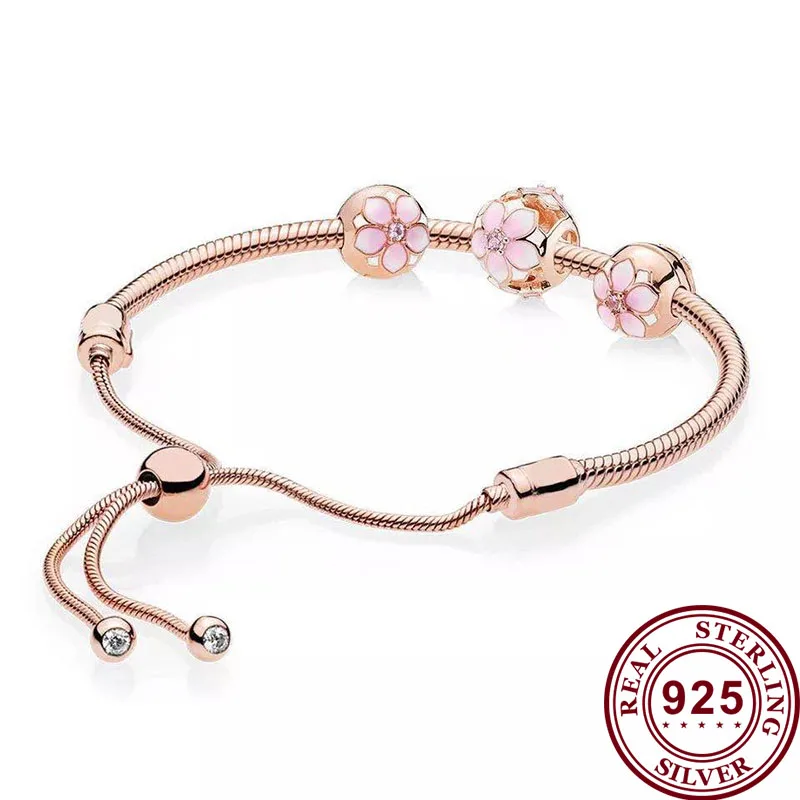

2020 New 925 Sterling Silver Rose Gold Openwork Magnolia Bloom With Crystal Beads Bracelet