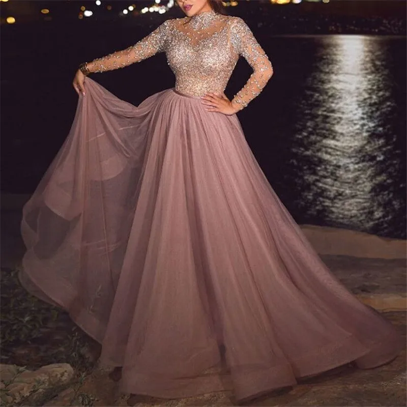 

Party Night Fashion Women Sequined Maxi Dress 2020 Elegant O-neck Long Sleeves Patchwork Dress