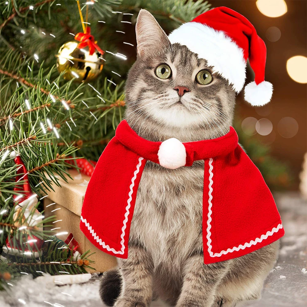 

Pet Dog Cat Costume Christmas Red Hat Cloak Clothing Outfit Hat Cosplay Decro Featival Suit Funny Small Pet Dog Accessories