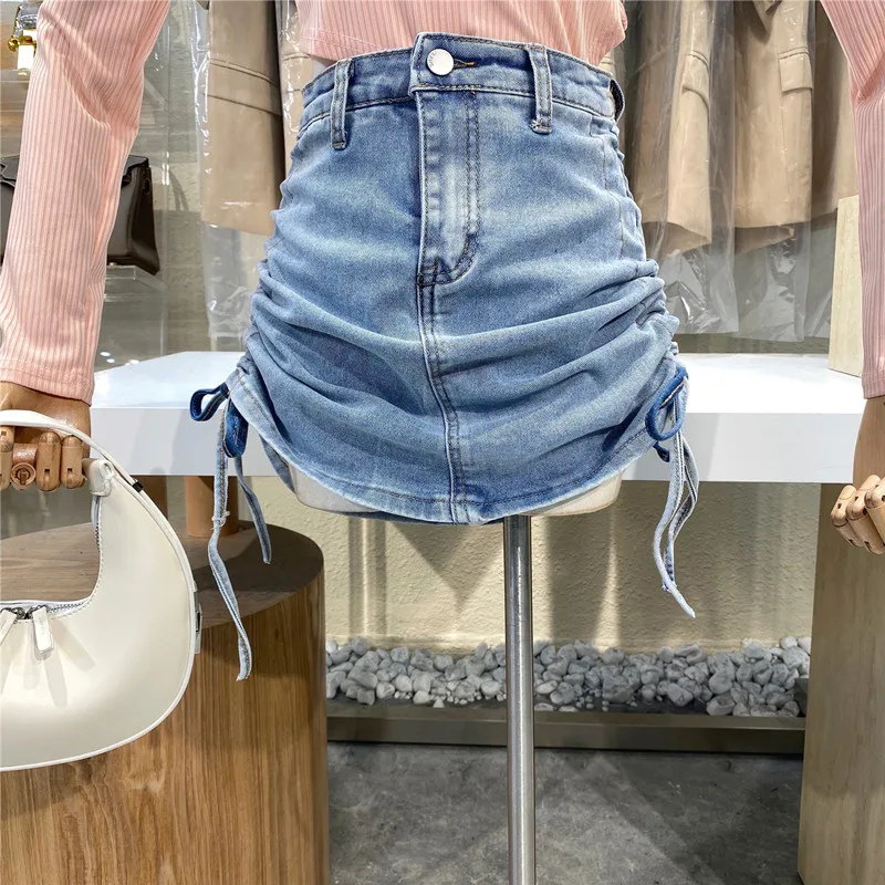 

2021 Net Red High Waist Double Drawstring Pleated Hip Raising Hot Pants Women's Slim Versatile Casual Washed Blue Denim Skirt