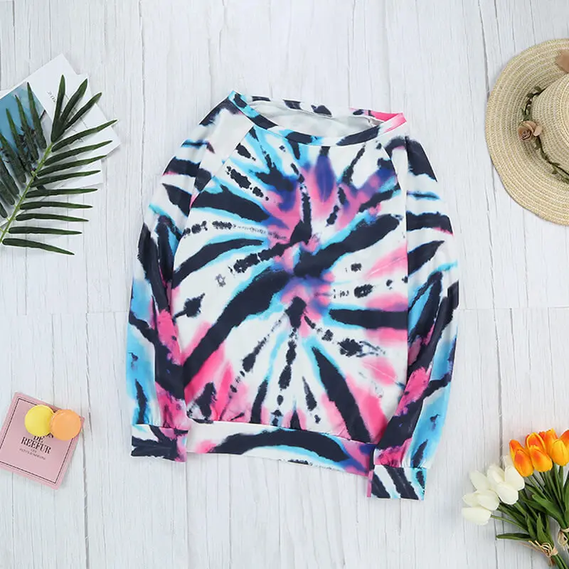 

Women's Tie Dye Printed Sweatshirt One Off The Shoulder Pullover Casual Loose Tops Fall O-Neck Cotton Blend Sweatshirt for Women
