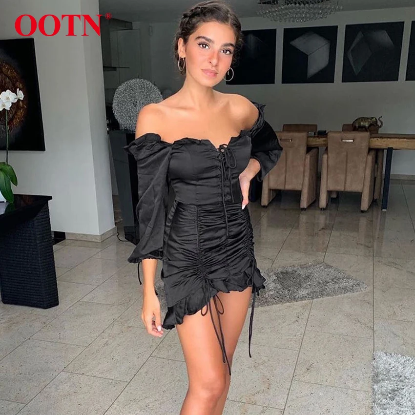 OOTN, сексуальное сатиновое платье с открытыми плечами и рюшами, мини-платье с рюшами и завязками, женское черное элегантное платье с длинным рукавом