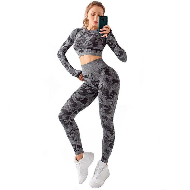 Камуфляжный комплект для йоги женские бесшовные топы фитнеса и спортивная