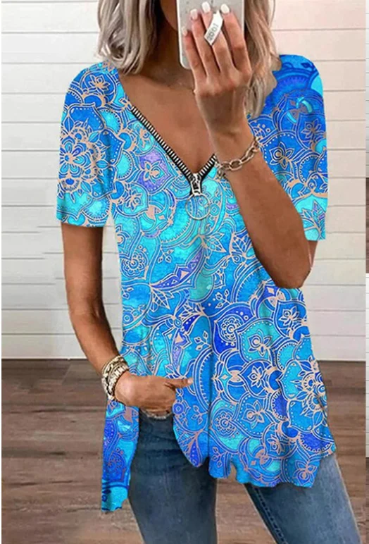 

Women's T-Shirt Summer Fashion Loose Casual Floral Print Short Sleeves Vintage Printed Zipper V-Neck Shirt Tops