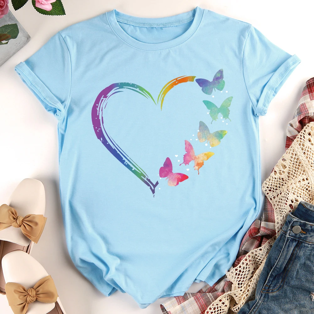 

Женские повседневные футболки с принтом сердечек и бабочек, летняя футболка с коротким рукавом